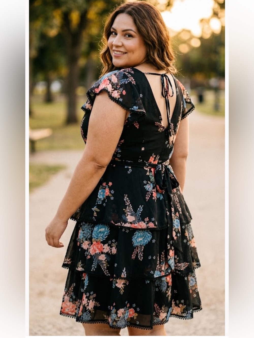 City Chic Black Floral Ruffle Tie-Waist Mini Dress